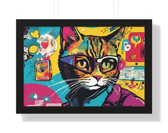 Framed Horizontal Poster Cat pop art framed poster cat with glasses popular culture art with cats