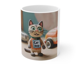 Fathers Day Mug for Cat Dads , Cute Claymation Cat Dad Gift