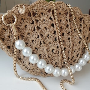 Crochet Bag Purse,Mussel Pearly Bag,Oyster Clutch,Pearl Handle Raffia Bag,Knitting Shoulder Bag,Handmade Bag For Women,Best Gift For Her/Mom