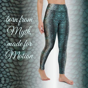 Dragon Scale Yoga Leggings – Silver &#39;n&#39; Teal Dragon Skin Print | High Waist | Fantasy Activewear for Comfort & Power | Dragon Costume