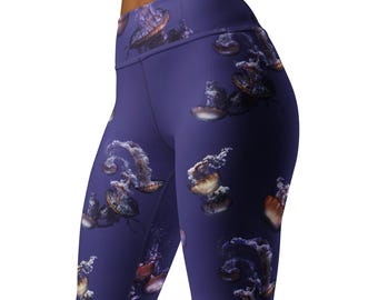 Leggings | High Waist | Yoga | Ocean Life Art Print | Jellyfish Flow | Indigo Blue | Mesmerizing Sea Creatures | Ocean Vibes & Comfort Fit