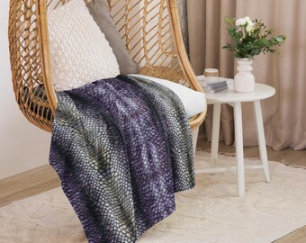 Silver & Purple Dragon Skin Sherpa Blanket | Cozy Myth-Inspired Home Decor | Soft Plush Throw | Dragon Scale Print Blanket