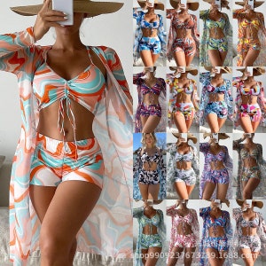 Modishly  2023 Fashion Designer Women Print Boho Swimwear & Beachwear Modest Casual Floral 3 Piece Cardigan Cover Up Set