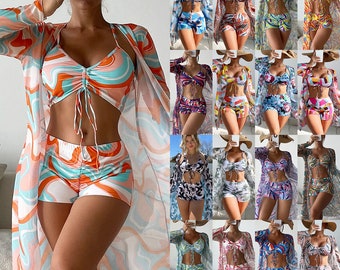 Modishly 2023 Modedesigner Frauen Print Boho Bademode & Beachwear Modest Casual Floral 3-teilige Strickjacke Cover Up Set