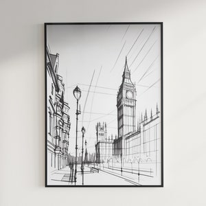 London Big Ben Minimalist Art, London Street Pencil Sketch, Elegant London Skyline, London Black and White Sketch Art, London Snapshot