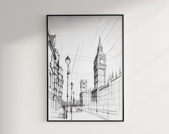 London Big Ben Minimalist Art, London Street Pencil Sketch, Elegant London Skyline, London Black and White Sketch Art, London Snapshot