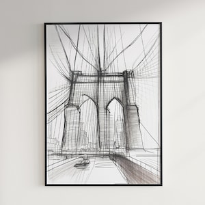 Brooklyn Bridge Charcoal Sketch- NYC Art-Brooklyn Bridge Painting- NYC Sketch-Brooklyn Bridge Skyline-I Love NY-Brooklyn Bridge Art