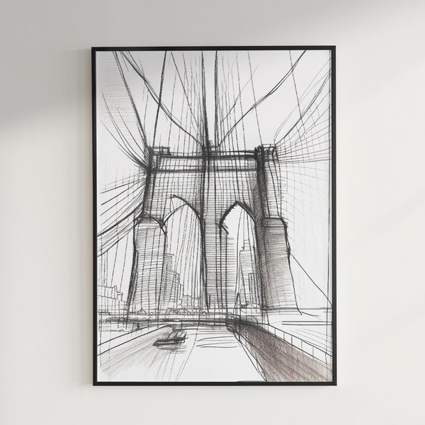 Brooklyn Bridge Charcoal Sketch- NYC Art-Brooklyn Bridge Painting- NYC Sketch-Brooklyn Bridge Skyline-I Love NY-Brooklyn Bridge Art