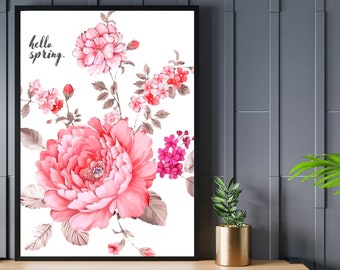 Hello Spring, Spring printable art, Spring home decor, Spring digital download art, Spring Decor, Spring decoration, Spring wall art, Flower