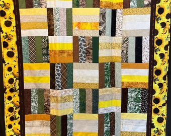 Trapunta patchwork autunnale con bordo a girasole, circa 58x72 pollici