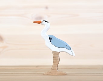 Handcrafted Wooden Heron Toy - Eco-Friendly Children's Playset - Unique Gift for Nature Lovers - Detailed Bird Figurine Frog pecker figure