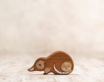 Handcrafted Wooden Brown Pygmy Shrew Toy - Artisan Child Safe Animal Figurine - Unique Nursery Decor