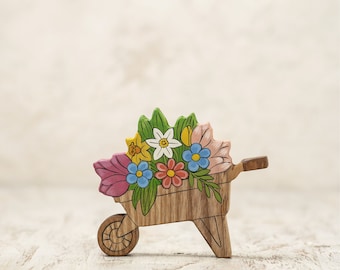 Wooden Wheelbarrow with Hand-Painted Spring Flowers - Countryside Home Decor