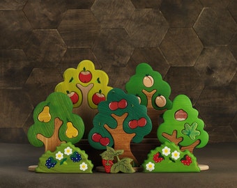 Big Fruit Tree puzzle set (5 pcs) Waldorf Nature table Tree figurines Forest small world Montessori Gift for Toddler Farm world Open ended