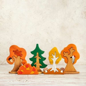 Handcrafted Wooden Fall Tree Set with Autumn Trees and Bush – Perfect Seasonal Home Décor or Nature Table Display