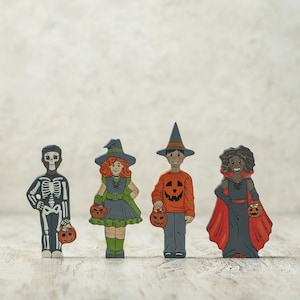 Hand-Painted Wooden Halloween Figurines: Witch, Vampire, Skeleton, Pumpkin Boy