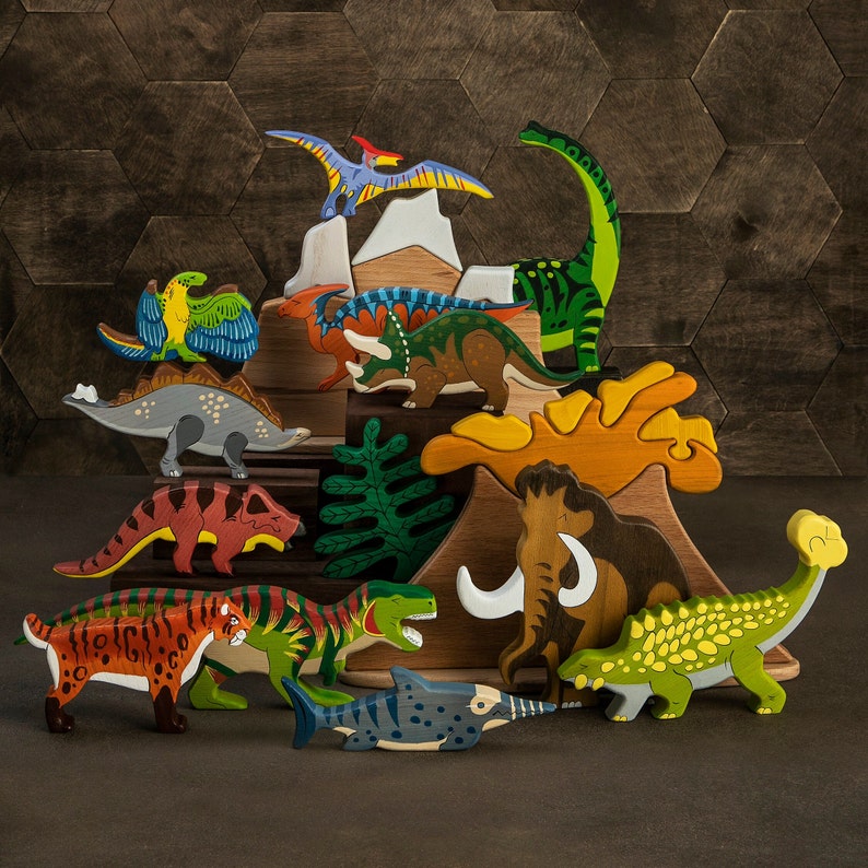 Big Wooden Dinosaur toy set 15pcs Jurassic park Dino toys Nature table Waldorf toys Wooden toys Child gift Dinosaur Small World Bild 1