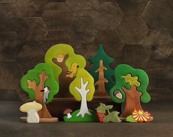 Wooden Tree Set  (5pcs) Woodland trees Waldorf toys Wooden toys Animal figures Birthday gift for kids Small world play