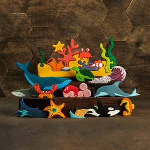 Wooden Sea Animals set (13 pcs) Marine animals Play set Toy gift for toddler Child gift Small World Play