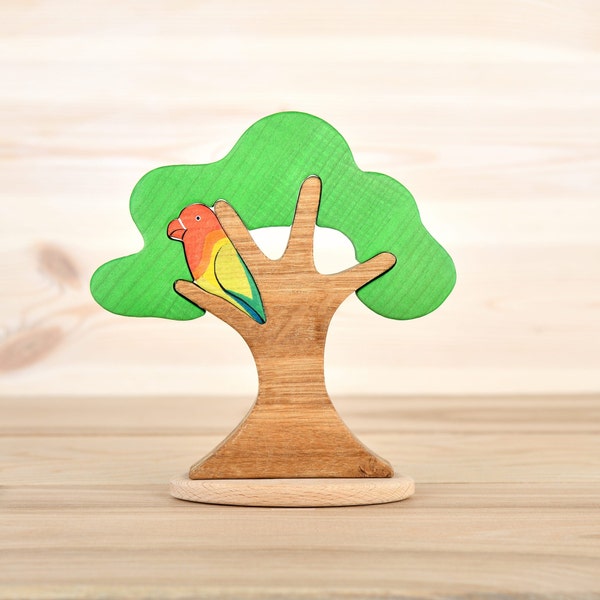 Waldorf toy/Tree with a parrot/montessori baby/wooden puzzle