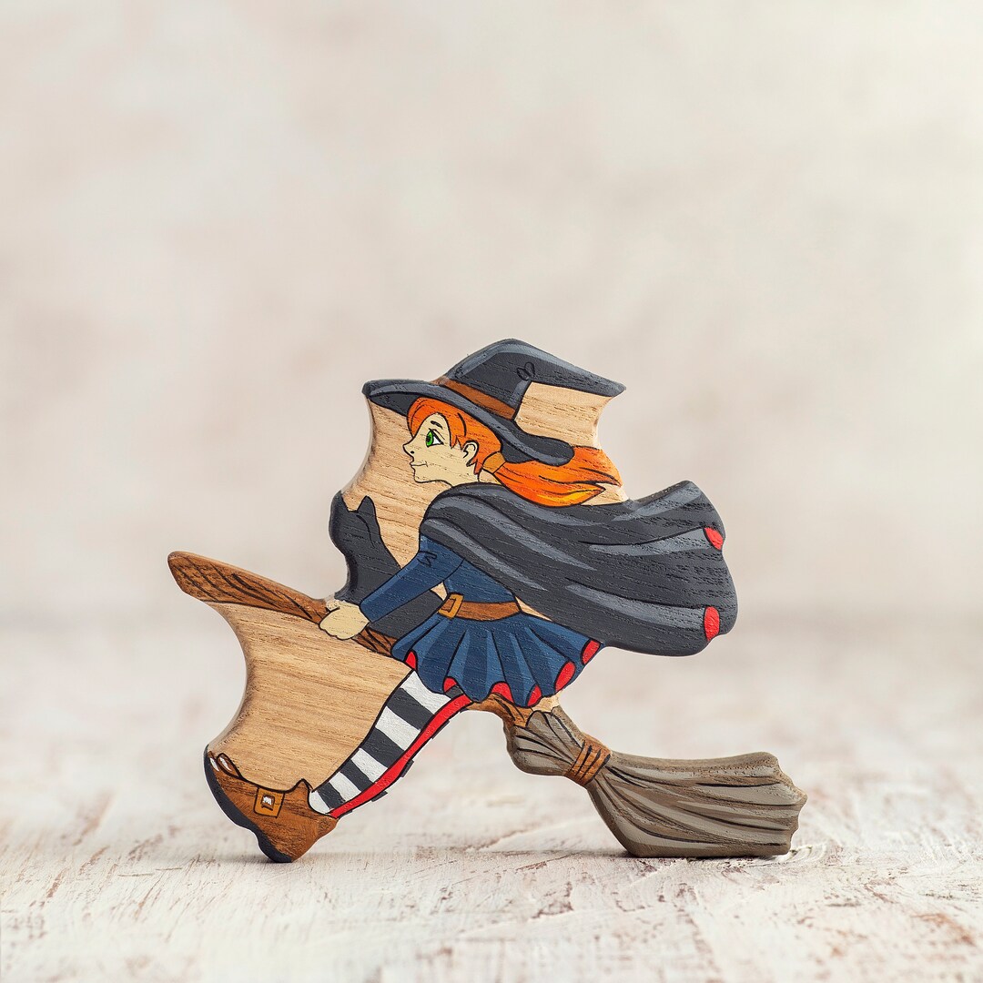 Handcrafted Wooden Young Witch on Broom Mystical Halloween & Fairy Tale ...
