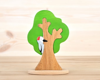 Handmade Waldorf Wooden Tree Puzzle - Natural Eco-Friendly Kids Toy with Crown, Trunk, Woodpecker Bird - Waldorf Inspired Education Toy