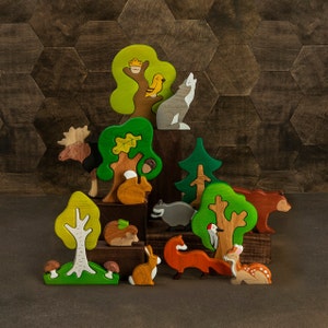 Big Set of Wooden Woodland Animals and Trees (14pcs) - Ideal Birthday Gift for Toddlers, Nature Table Waldorf Toys, Wooden Animal Figures