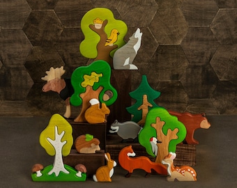 Big Set of Wooden Woodland Animals and Trees (14pcs) - Ideal Birthday Gift for Toddlers, Nature Table Waldorf Toys, Wooden Animal Figures