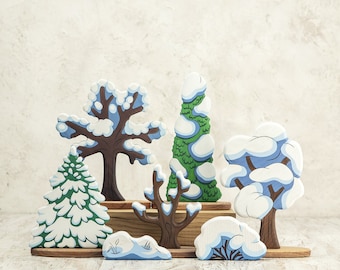 Handcrafted Winter Wonderland Set - Eco-Friendly Wooden Play Trees & Snowdrifts for Kids - Festive Holiday Home Decor