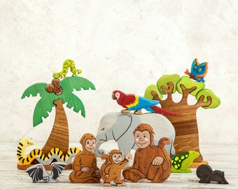 Monkey Puzzle Story Sack - 11 Figurines and 2 Tree Puzzles for Imaginative Play and Learning