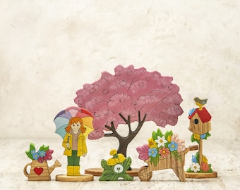 Enchanted Spring Garden Wooden Toy Set - Blossoming Decor and Playtime Figures"