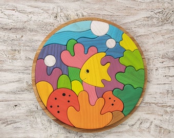 Kids Wooden Sea Puzzle - 25 Piece Ocean Life Educational Toy with Corals and Fish - Large Puzzle Waldorf toys Montessori Toys Wooden Puzzle