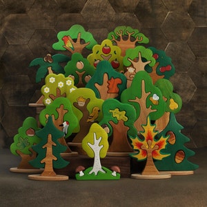 Big Wooden Tree Set  (19pcs) Woodland puzzle toy Nature table Tree figurine Montessori Gift for Toddler Baby Shower Gift