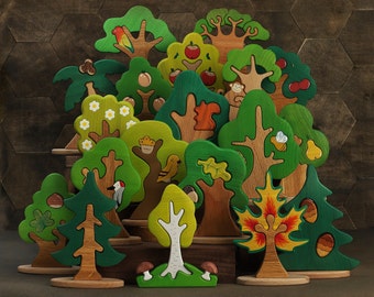 Big Wooden Tree Set  (19pcs) Woodland puzzle toy Nature table Tree figurine Montessori Gift for Toddler Baby Shower Gift