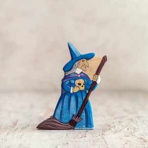 Handcrafted Wooden Witch Toy: Halloween Folklore Decor