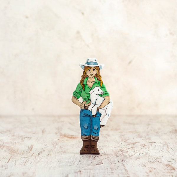 Handcrafted Wooden Farmer's Wife Figurine, Rustic Farmhouse Collectible Doll, Artisan Country Decor