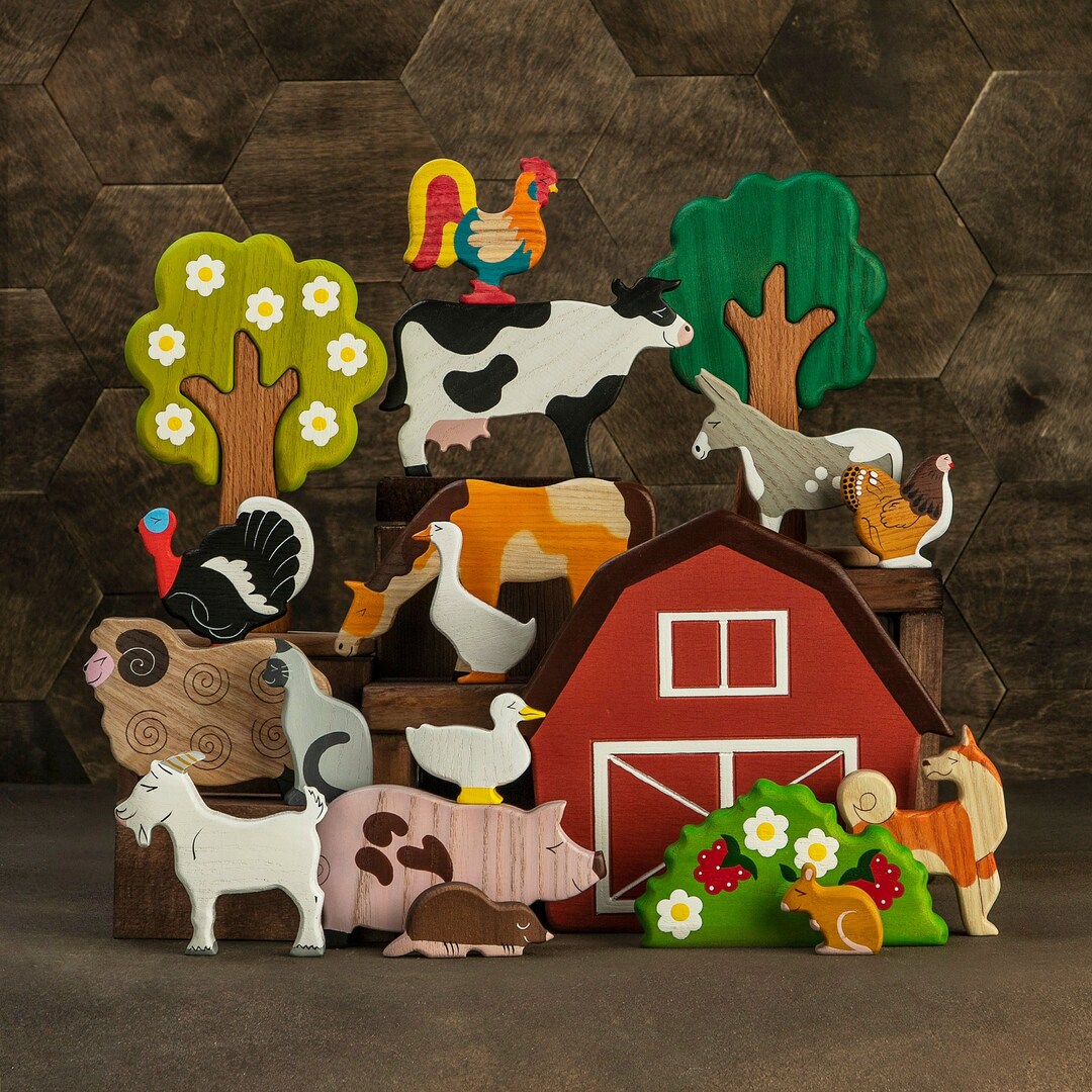 Wooden Farm Set (19 Pcs) Pretend Play Small World Play Set Toy Farmyard ...
