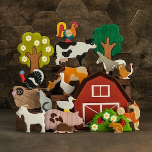 Wooden Farm Set (19 pcs): Small World Play Toy with Farm Animals