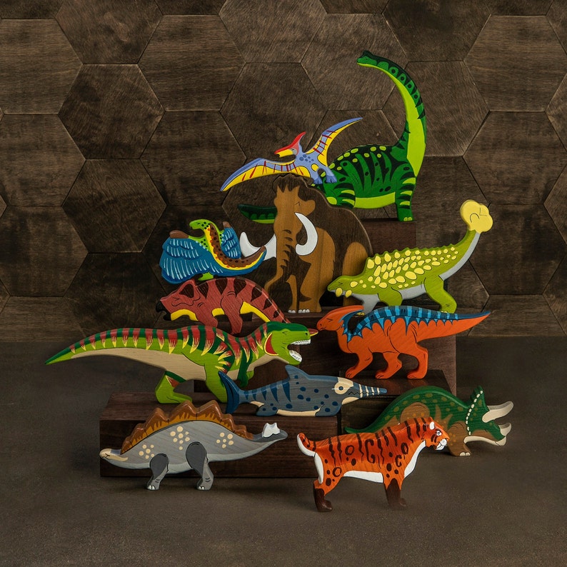 Big Wooden Dinosaur toy set 15pcs Jurassic park Dino toys Nature table Waldorf toys Wooden toys Child gift Dinosaur Small World image 2