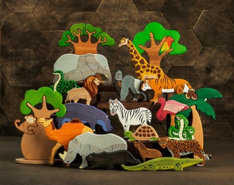 Big Wooden Safari toy set (21pcs) African Animals toys Nature table Waldorf toys Wooden toys Safari animals Baby Shower Gift Child Gift