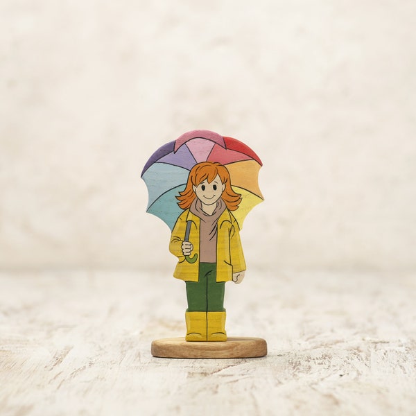 Wooden Girl with Colorful Umbrella - Handcrafted Spring Decor Figurine