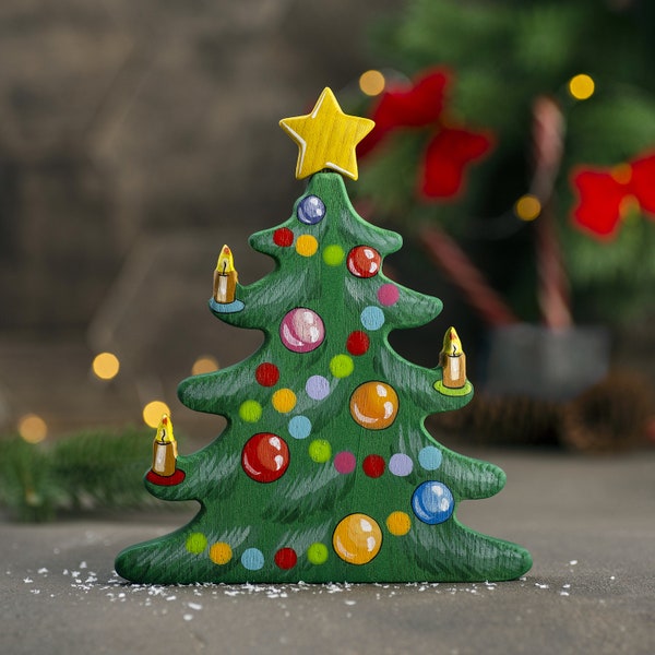 Colorful Hand-Painted Wooden Christmas Tree - Festive Holiday Decor, Vibrant Ornaments & Candles, Unique Tabletop Centerpiece