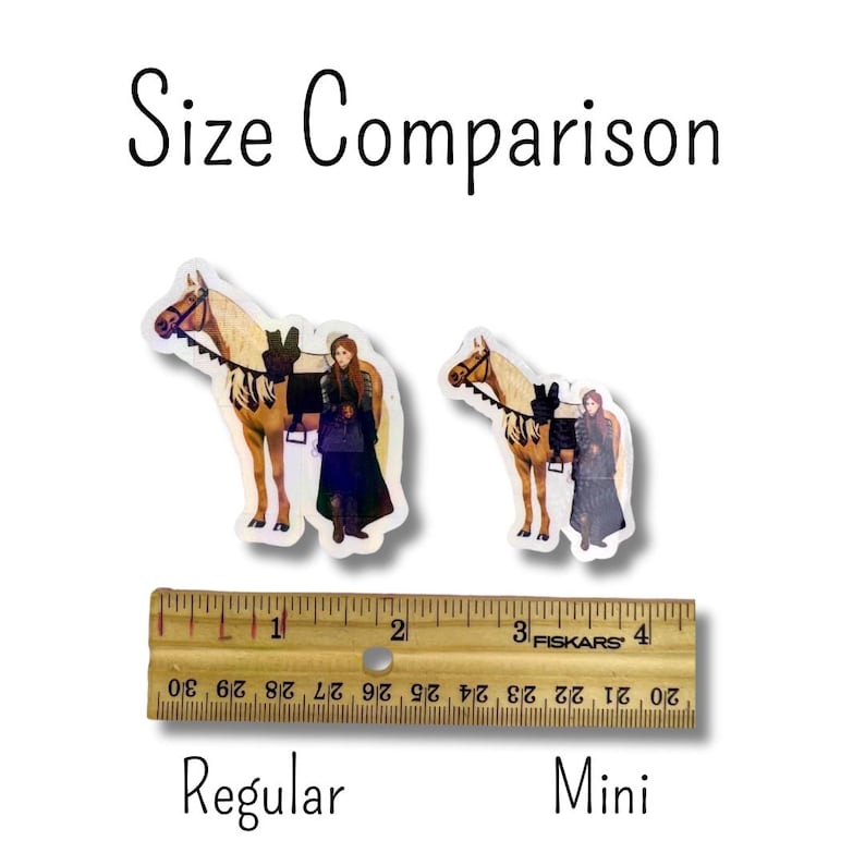 May include: Image comparing the size of two stickers. The stickers depict a woman in a long dress with a horse. The text "Size Comparison", "Regular", and "Mini" are visible. A ruler shows the size difference.
