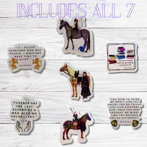 May include: A collection of seven stickers with quotes and illustrations. The stickers feature images of horses with riders, stacks of books, and quotes like "If I killed everyone who was stupid, I wouldn't have time to sleep."