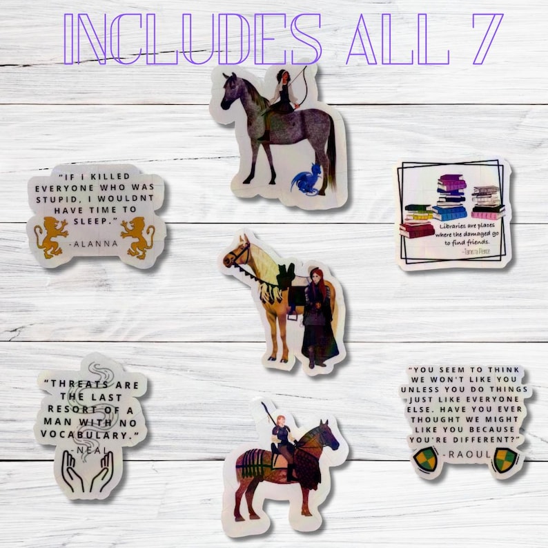 May include: A collection of seven stickers with quotes and illustrations. The stickers feature images of horses with riders, stacks of books, and quotes like "If I killed everyone who was stupid, I wouldn't have time to sleep."