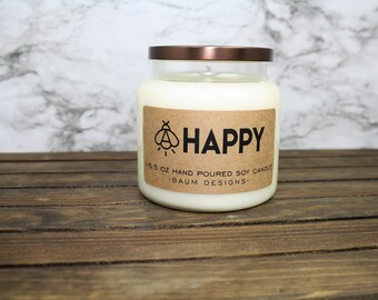 Bee Happy Soy Candle | Funny 16.5 oz. Large Hand Poured All Natural Candles Gift