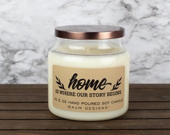 Home Is Where Our Story Begins Soy Candle | Funny 16.5 oz. Large Hand Poured All Natural Candles | Unique Housewarming Gift