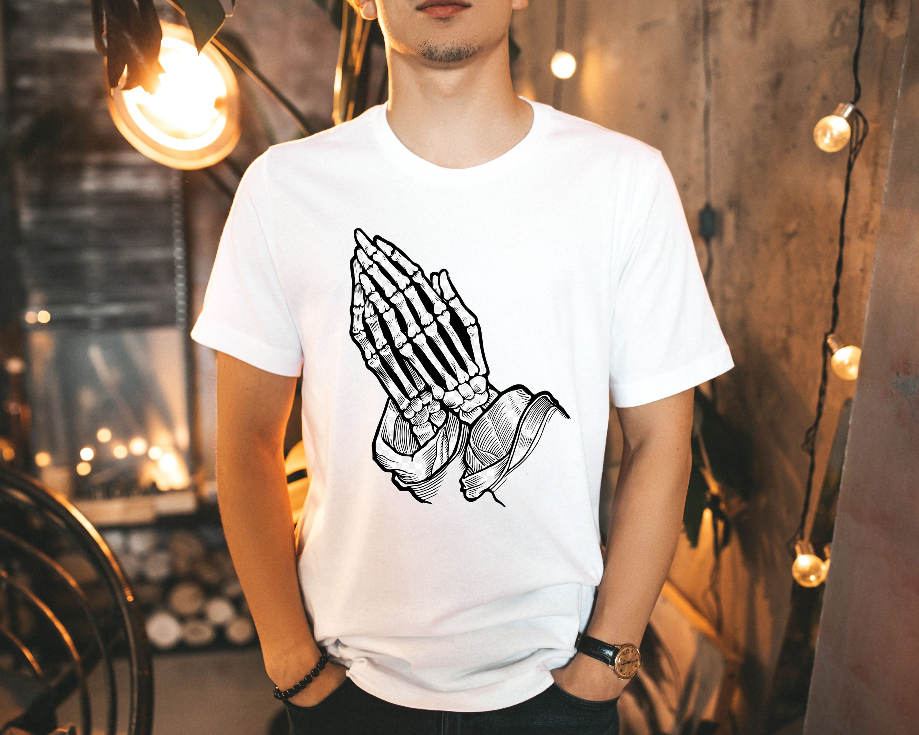 Unisex White Crewneck Praying Hands T-shirt, Praying Hands Tee 