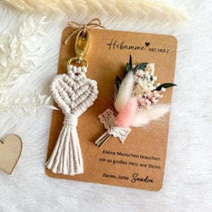 Makramee Schlüsselanhänger mit Karte für Hebamme, Hebamme mit Herz, Geschenkset Personalisiert Hebamme, Hebamme Danke, mit Namen Geschenk