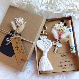 Hochzeit Geschenkbox, Geldgeschenk, mit Makramee Schlüsselanhänger, kleiner Trockenblumenstrauß, Geschenkset